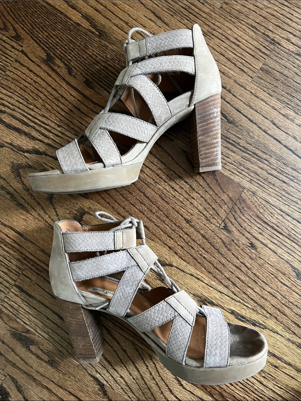 Paul Green Neutral Taupe Woven Platform Block Heel Sandals
